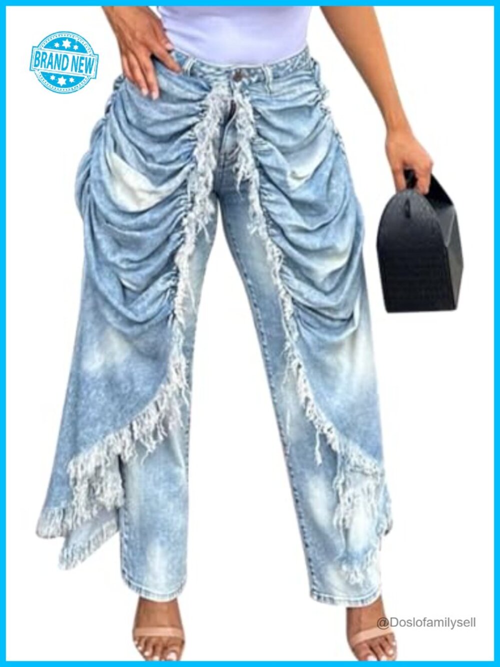 High Waisted Straight Leg Baggy Jeans Ruched Fringe Faux Two Piece